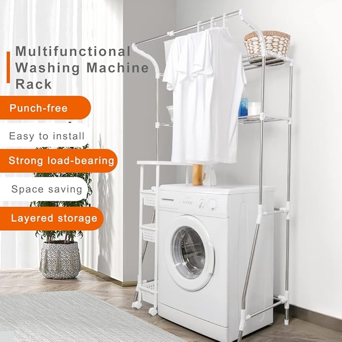BAOYOUNI 2-Tier Laundry Room Shelf Over Washing Machine Storage Utility Rack Above Toilet Washer Dryer Bathroom Organizer Width Adjustable Space Saving Shelving Units with Clothes Hanging Rod, White