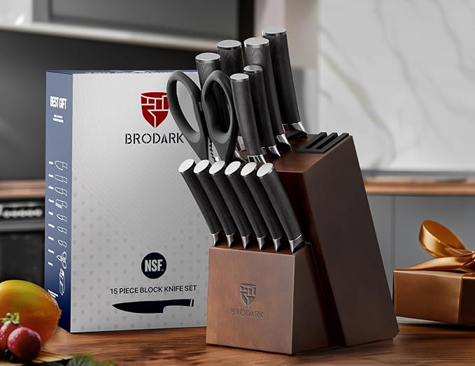 BRODARK Kitchen Knife Set, Ultra Sharp 15 Pcs Knife Set with Block, Full Tang Chef Knives, High Carbon Stainless Steel Knife Block Set with Sharpener, Wooden Handle