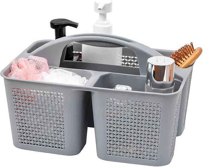 UUJOLY Plastic Portable Shower Caddy Bucket, Cleaning Shower Basket with Handle Compartments Storage Organizer for Bathroom Kitchen College Dorm Sink, Grey