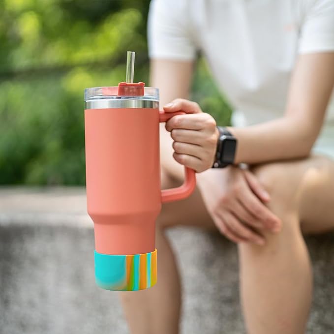 Upgrade 2PCS Protective Silicone Boot Bumper for Stanley Quencher Adventure 40oz 30oz IceFlow 20oz 30oz Tumbler, Water Bottle Bottom Sleeve Cover Accessories for Stanley Mug Cup(Blue+Green +Orange)