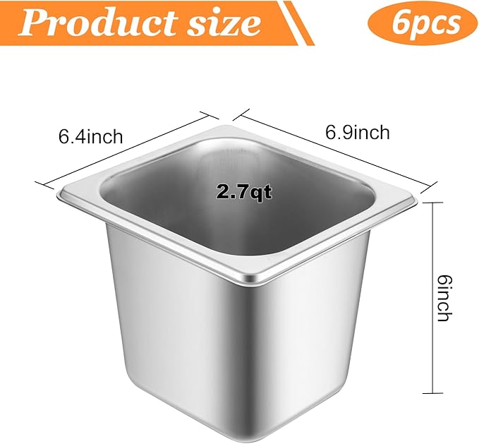 6 Set Hotel Pan 1/6 Size 6 Inch Deep Stainless Steam Table Pans with Lids Stackable Commercial Anti Jam Metal Steam Tray Catering Food Storage Steel Pan for Hotel Restaurant Buffet Party Supplies