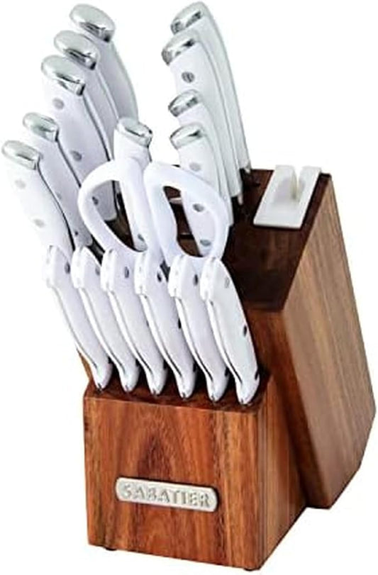 Sabatier Forged Triple Rivet Built-In Edgekeeper Sharpener, 18-Pieces, High-Carbon Stainless Steel Kitchen Knives, Razor-Sharp Knife set with Acacia Wood Block, White