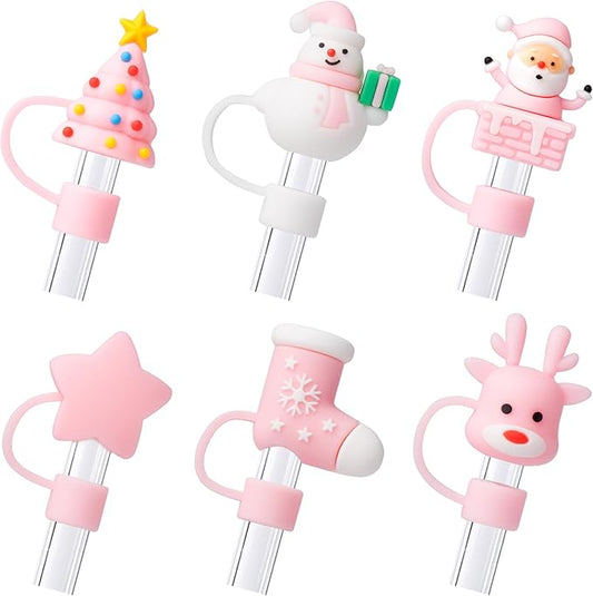 6Pcs Christmas Pink Straw Cover Cap for Stanley Cup 40oz/30oz Tumbler, 10mm Reusable Cute Drinking Straw Topper Accessories, Portable Protector Plugs Decorations Gifts for Party Christmas