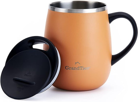 GRANDTIES Insulated Coffee Mug with Handle - Sliding Lid for Splash-Proof 16oz Wine-Glass Shape Thermal Tumbler with Double Walled Vacuum Stainless Steel to Keeps Beverages Hot or Cold-Carrot