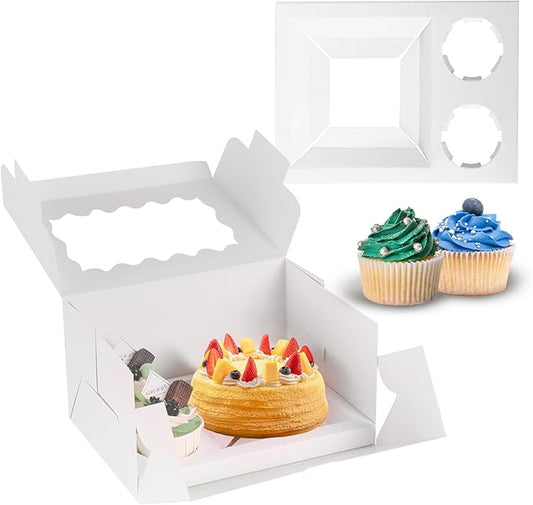 JCD 16 Packs Bento Cake and Cupcake Clear Lid with 2 Cupcake Holes - Cake and Cupcakes Boxes - Pastry Sweets Bento Box with Cupcake Insert for Family Birthday Party Mother's day(1+2/16Pcs)