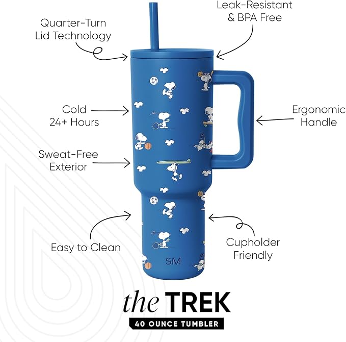 Simple Modern Peanuts 40 oz Tumbler with Handle and Straw Lid | Insulated Reusable Stainless Steel Water Bottle Travel Mug | Gifts for Women Men | Trek Collection | 40oz | Snoopy Sports