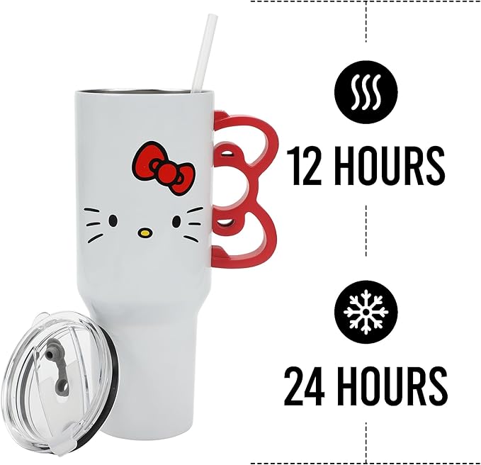 Bioworld Hello Kitty 40 Oz Stainless Steel Tumbler With Sculpted Bow Handle