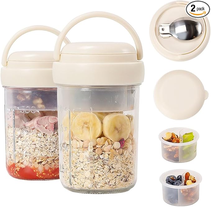 2 Pack Overnight Oats Containers with Lids and Handles, Folding Spoons & Divided Compartments for Fruit & Nuts, 16oz Glass Mason Jars for Oatmeal, Meal Prep & Breakfast (Cream 2pcs)