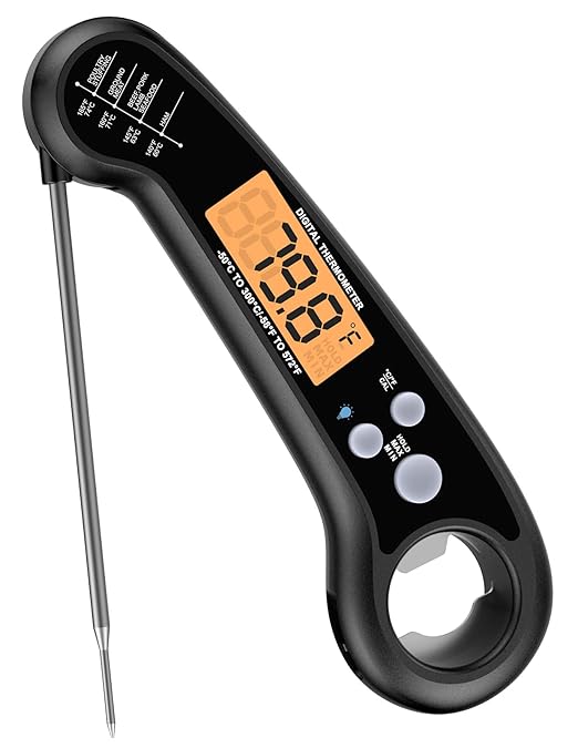 Instant Read Meat Thermometer for Grill and Cooking, Fast and Accurate Digital Food Thermometer with Backlit bi-fold Probe for Kitchen ovens, Frying, Candy, Steak (Black)