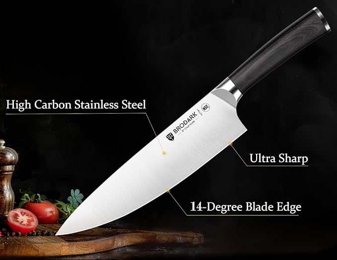 BRODARK Kitchen Knife Set, Ultra Sharp 15 Pcs Knife Set with Block, Full Tang Chef Knives, High Carbon Stainless Steel Knife Block Set with Sharpener, Wooden Handle