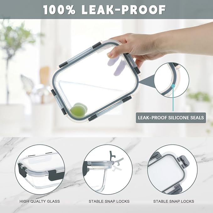 KAMOTA Glass Food Storage Containers, 10 Pack Glass Meal Prep Containers, Airtight Containers with Snap-Lock Lids, 34 oz and 13 oz gray Container Set with Lids, for Microwave/Oven/Freezer/Dishwasher