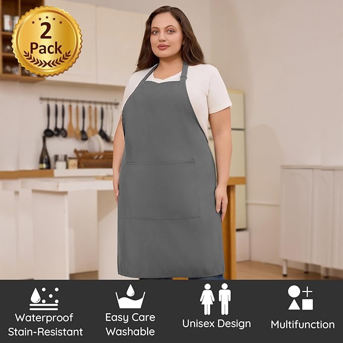 2 Pcs Plus Size Chef Apron, Unisex Professional Apron with 2 Pockets for Cooking, Work, Baking (Larger Size)