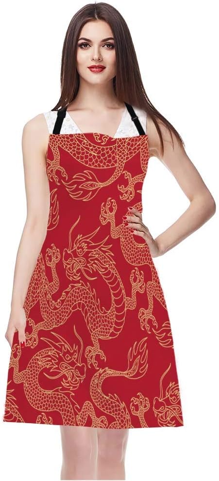 EKOBLA Dragon Aprons Chinese Traditional Culture Tattoo Power Symbol Flying Mascot Animal Waterproof Resistant Chef Cooking Kitchen BBQ Adjustable Aprons for Women Men 27x31 Inch