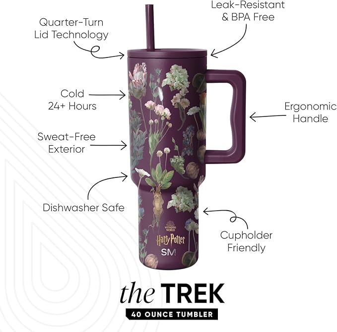 Simple Modern Harry Potter 40 oz Tumbler with Handle and Straw Lid | Insulated Reusable Stainless Steel Water Bottle Travel Mug | Gift for Women Men Him Her | Trek Collection | 40oz | Herbology