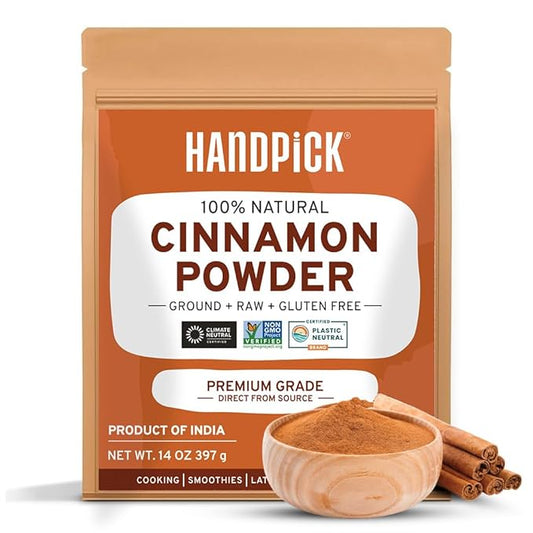 HANDPICK, Cinnamon Powder (397g/14oz) Non GMO, Gluten Free, 100% Raw, Sourced from South India, For Cooking, Smoothies, Lattes, Tea, Packed in Resealable Ziplock Pouch