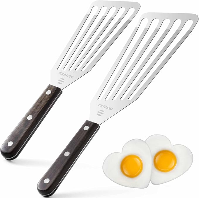 2 Pack Fish Spatula Stainless Steel，Flexible Metal Spatula Perfect for Flipping Eggs, Burgers and Baking, Durable Lightweight Kitchen Slotted Turner for Cooking & BBQ [Wooden Handle]