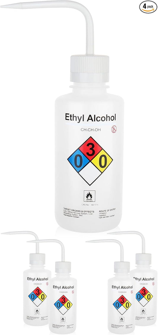 4PCS of Ethyl Alcohol Wash Bottles, Vol.500ml (17oz), Narrow Mouth, Self-Venting Safety Wash Bottle, LDPE Material, IN-WBE500
