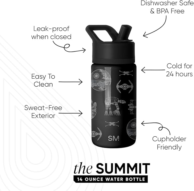 Simple Modern Kids Summit Water Bottle with Straw Lid | Star Wars 14oz Stainless Steel Cup Insulated Tumbler for Toddlers, Boys, School | Vehicle Schematics