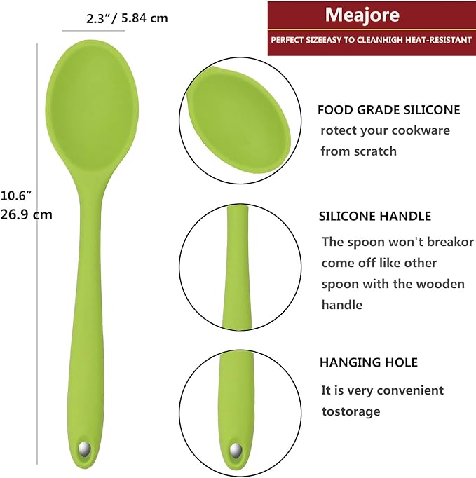 Meajore 2 Pcs Silicone Spoons for Cooking Heat Resistant, Hygienic Design Cooking Utensi Mixing Spoons for Kitchen Cooking Baking Stirring Mixing Tools (Green)