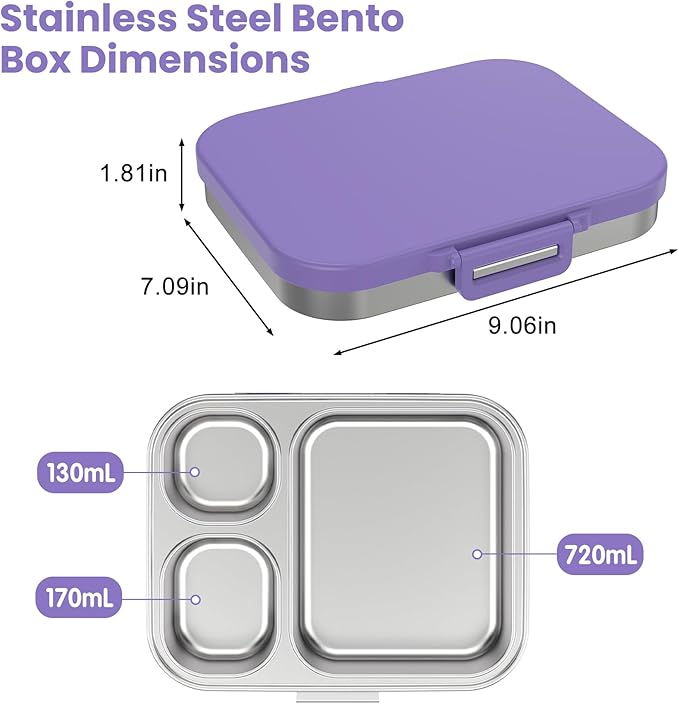 Stainless Steel Bento Lunch Box for Kids | 3-Compartment Lunch Box Container Kids | 100% Leakproof, Eco-Friendly, Perfect Portion Control for Kids&Adult Healthy Meals (Purple)