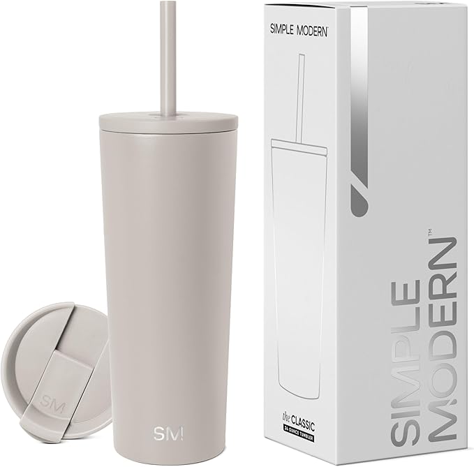 Simple Modern Insulated Tumbler with Lid and Straw | Iced Coffee Cup Reusable Stainless Steel Water Bottle Travel Mug | Gifts for Women Men Her Him | Classic Collection | 24oz | Almond Birch