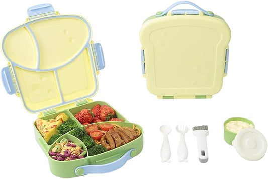 Bento Lunch Box - Toast-Shaped 4-Compartment Lunchable Food Container with Sauce Cup, Utensils & Brush, BPA-Free, Reusable Snack Container with lid, Ideal for Travel - Yellow
