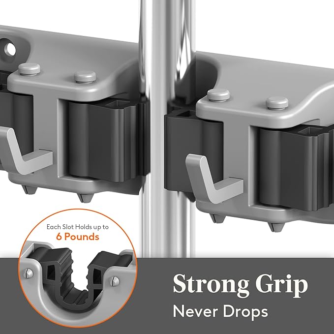 Lifewit Mop and Broom Holder Wall Mount, Anti-Slip Broom Hanger for Kitchen Organization, Heavy Duty Cleaning Supplies Organizer, Easy Install Tool Organizer for Closet, Garage, 5 Slot 6 Hooks, Grey