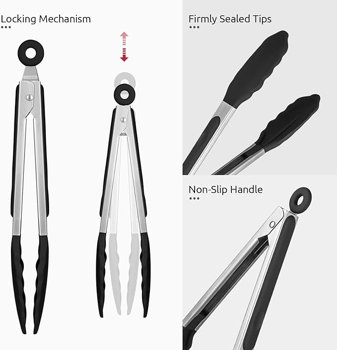 600ºF Heat Resistant Kitchen Tongs: U-Taste 9 inch Silicone Cooking Tong with Firm Sealed Non Stick Rubber Tips & Silicon Coated 18/8 Stainless Steel Handle & Smooth Locking for Serving Salad (Black)
