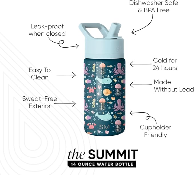 Simple Modern Kids Summit Water Bottle with Straw Lid | 14oz Stainless Steel Cup Insulated Tumbler for Toddlers, School | Under the Sea
