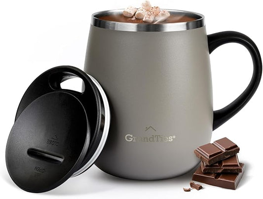 GRANDTIES Insulated Coffee Mug with Handle - Sliding Lid for Splash-Proof 16oz Wine-Glass Shape Thermal Tumbler with Double Walled Vacuum Stainless Steel to Keeps Beverages Hot or Cold-Caffe Latte