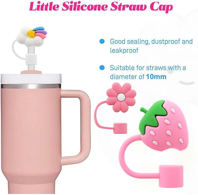 Flower Straw Cover Cap for Stanley Cup Silicone Straw Topper Compatible with 30 and 40 Oz Tumbler with Handle,Straw Tip Covers 10 mm 0.4 in for Straw Tip Covers (6pcs Rainbow Flower Strawberry)