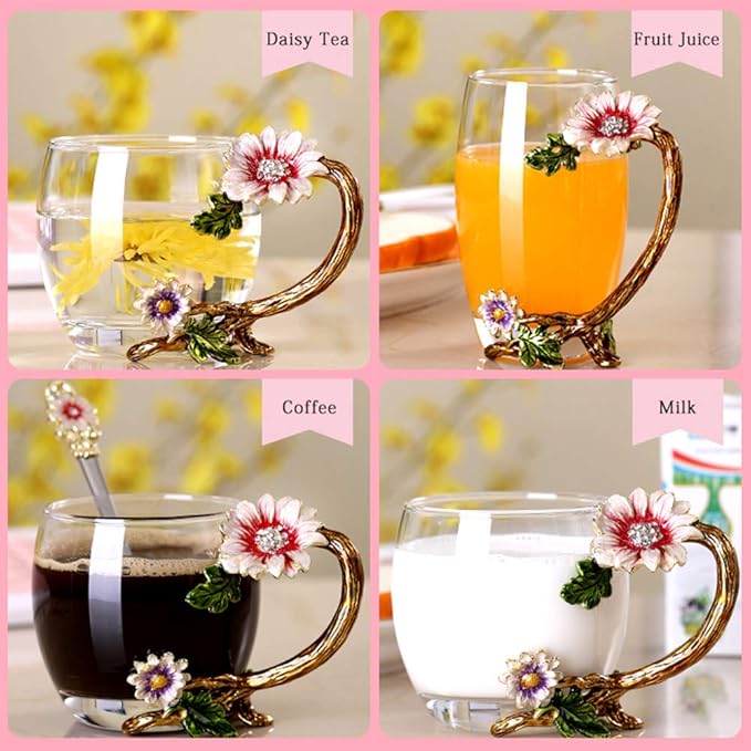 Enamel Sunflower Crystal Lead-Free Glass Tea Cup with Spoon Set, Present for The Christmas, Valentine's Day.Best Present for Mother, Grandma, Girlfriend, Sister.