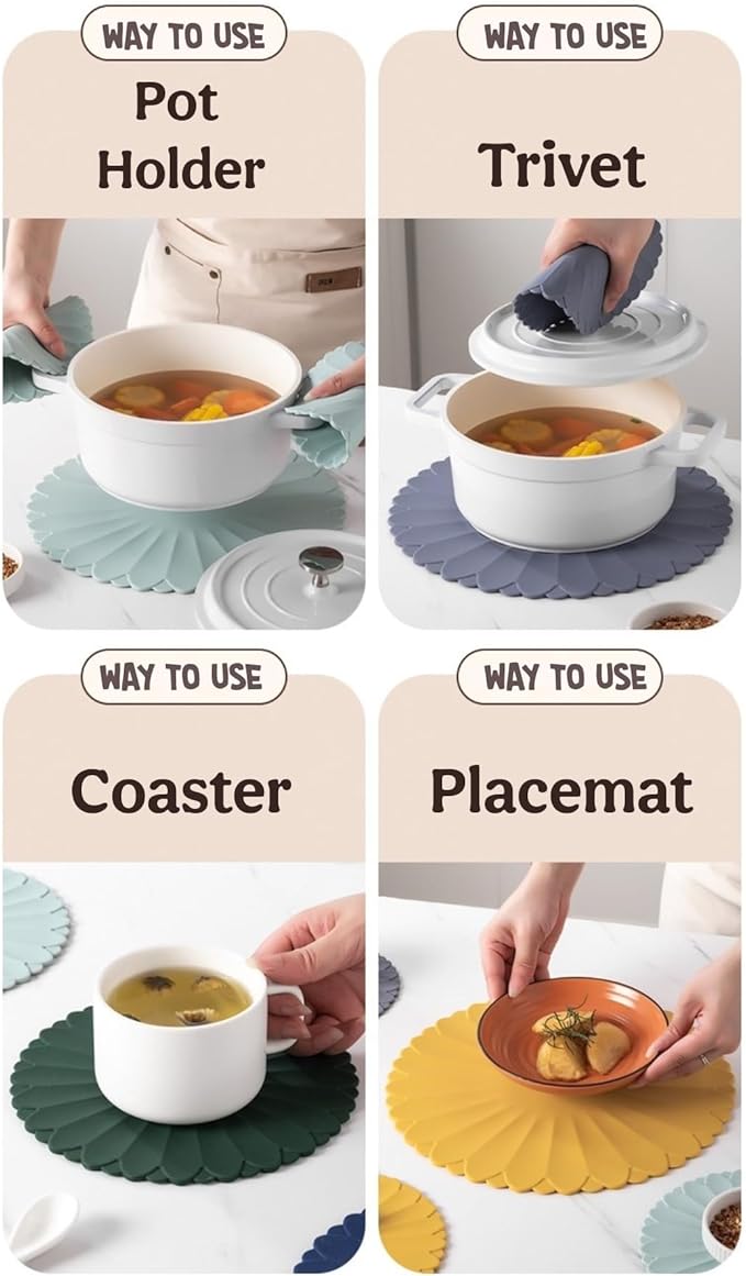 Heat-Resistant Silicone Trivet Mats, Non-Slip Hot Plate Holder for Kitchen Countertops & Dining Table, Reusable Pot Holder Pad with Secure Grip, Dishwasher Safe (Green, Diameter: 30cm/11.81")