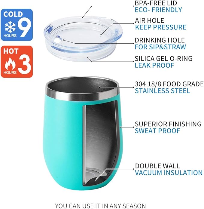 HASLE OUTFITTERS 12oz Wine Tumbler with Lid Stemless Wine Glasses Double Wall Vacuum Travel Mugs stainless steel Coffee Cup for Cold & Hot Drinks Wine Coffee Cocktails Beer (12oz-Light Blue, 1 Pack)