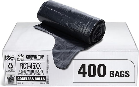 Aluf Plastics RCT-45XX Star Sealed Coreless Rolls with E-Z Tie Flap Closure, 45 gal, Polyethylene, 40" x 46", Black (Pack of 400)