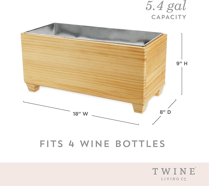 Twine Ice Bucket Wood and Galvanized Metal Tub - Wooden Wine Bucket And Beer Chiller - Holds 4 Wine Bottles or 5.4 Gallons Set of 1,Brown