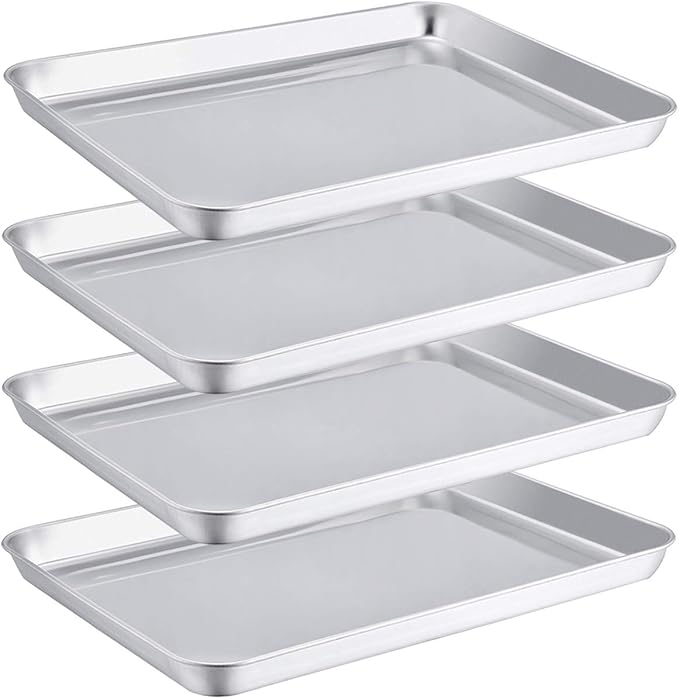 TeamFar Toaster Oven Pans Set of 4, Stainless Steel Compact 10.5 x 8 x 1 Inch Baking Roasting Pan Professional, Healthy &Heavy Duty, Easy Clean & Dishwasher Safe, Deep Edge & Mirror Surface