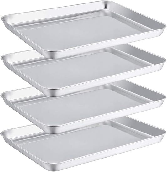 TeamFar Toaster Oven Pans Set of 4, Stainless Steel Compact 10.5 x 8 x 1 Inch Baking Roasting Pan Professional, Healthy &Heavy Duty, Easy Clean & Dishwasher Safe, Deep Edge & Mirror Surface