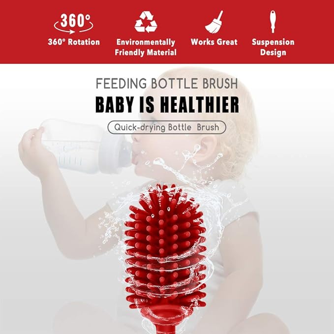 Silicone Bottle Cleaning Brush with Long Handle, BPA Free 12.5" Water Bottle Cleaner for Baby Bottles, Hydro Flask, Sports Bottle, Vase, Glassware, Perfect for Smaller Diameter Bottle Openings (Red)