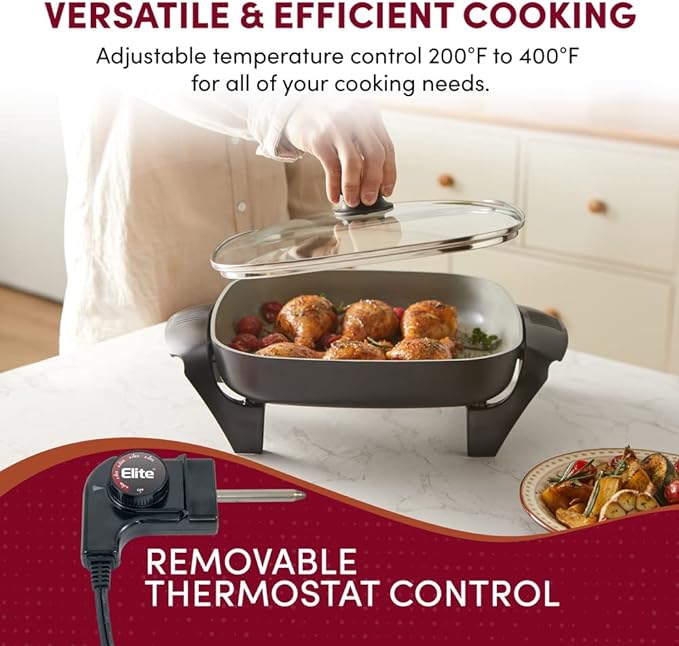 Elite Gourmet EG2212 12"x12"x2.15” Ceralast™ PFAS Free Ceramic Electric Skillet, Dishwasher Safe, Rapid Heat Up, 1200W, Dark Grey