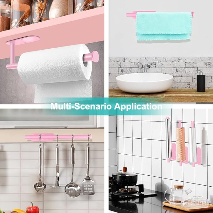 MGahyi Paper Towel Holder Wall Mount, Self Adhesive Or Drilling Under Cabinet Kitchen, 13.2 inch Stainless Steel Paper Towel Roll Rack, Towel Roll Hanger for Bathroom (Rectangle-Pink, Rectangle)