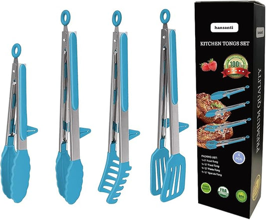 4 Pack Silicone Kitchen Cooking Tongs Set, Stainless Steel Nonstick Food Tong with BPA Free Silicone Tips for Serving Pasta Spaghetti Steak Pie Pizza Salad Vegetable Fruit Grilling BBQ Buffet 9" & 12"