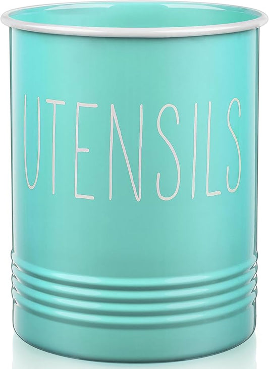 Bivvclaz Teal Kitchen Utensil Holder, 6.7" Utensil Holder for Kitchen Counter, Cooking Utensil Crock with Cork Bottom, Turquoise Decor and Accessories, Countertop Utensil Storage Caddy Organizer