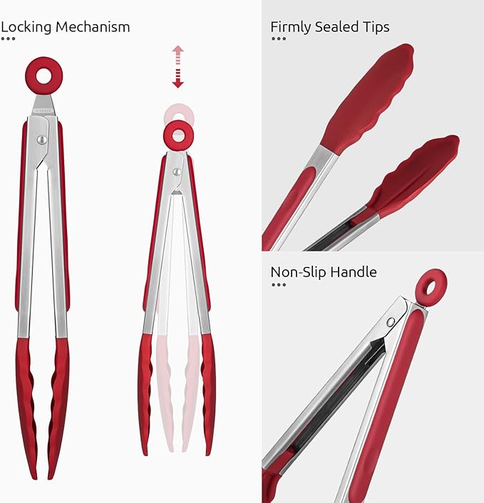 600ºF Heat Resistant Kitchen Tongs: U-Taste 9 inch Silicone Cooking Tong with Firm Sealed Non Stick Rubber Tips & Silicon Coated 18/8 Stainless Steel Handle & Smooth Locking for Serving Salad (Red)