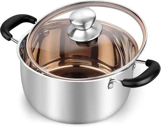 TeamFar 3 Quart Stock Pot, Stainless Steel Stock Pasta Soup Pot with Lid, Tempered Glass Lid & Double Heat-Proof Handles, Non-Toxic & Healthy, Heavy Duty & Dishwasher Safe