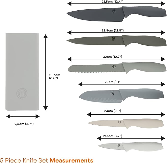 MasterChef Knife Block Set of 6 Kitchen Knives, Extra Sharp Stainless Steel Blades for Professional Cutting with Non Stick Coating & Soft Touch Easy Grip Handles in a Universal Holder, Earth Greys
