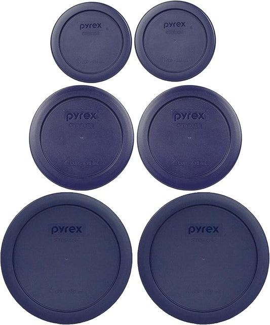 Pyrex (2) 7202-PC 1-Cup, (2) 7200-PC 2-Cup, & (2) 7201-PC 4-Cup Blue Food Storage Replacement Lids - Made in USA