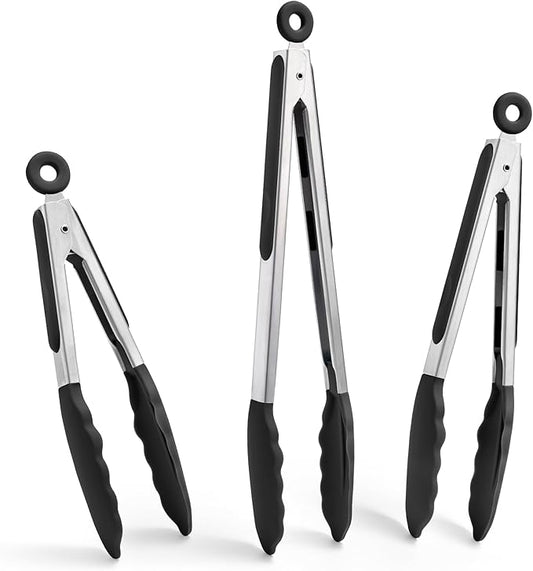 Doosu Kitchen Tongs for Cooking - 600°F Heat Resistant Food Tong Set with Non-Scratch Silicone Tips, Heavy Duty Stainless Steel Locking Tong for BBQ, Grilling Steak, Serving Salad (7+9+12in, Black)