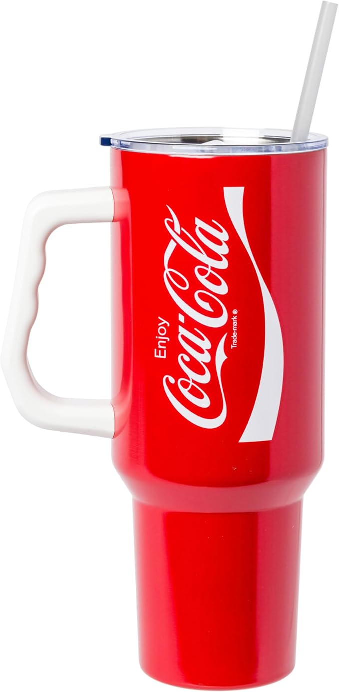 Silver Buffalo Coca-Cola Coke Stainless Steel Tumbler with Handle and Straw, Fits in Standard Cup Holder, 40 Ounces