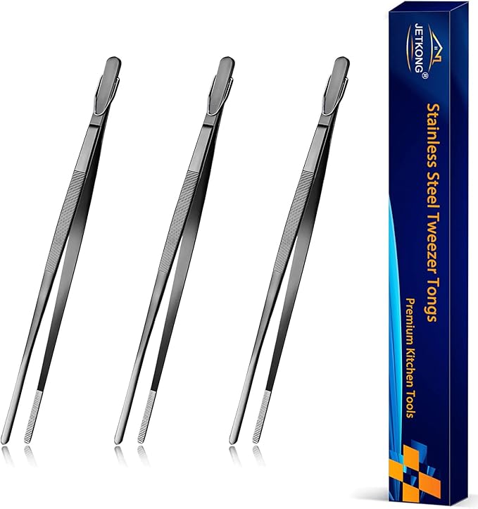 JETKONG 9-Inch Serving Tweezer Tongs Kitchen Tweezers Stainless Steel Cooking Tweezers, Set of 3 (9 9 9 Inch, Black)